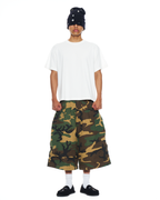 Woodland Soldado Shorts by La Raza, oversized camo ripstop shorts, front view on model